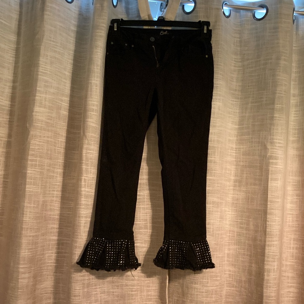 Black Ruffle Hem Pants with Studded Detail